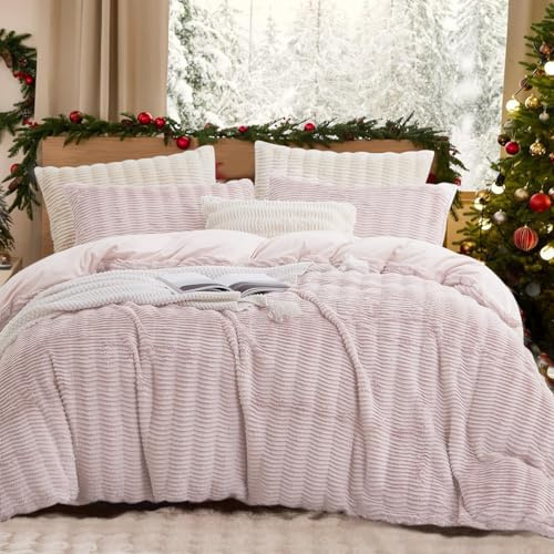 Lanqinglv Ropa de Cama de Felpa de 220 x 240 cm, Color Rosa, mullida, de Pelo Largo, de Invierno, cálida y acogedora, Franela Polar, Tacto de Cachemira, Funda nórdica con Cremallera y 2 Fundas de