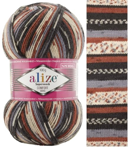 Sock Yarn 100 g Superwash Comfort Sock Wool 420 m 75% SW Wool - 25% Polyamide Hand Knitting Yarn Multicoloured Sweater Vest Cardigan Blouse Scarve Hat Beanie Bootie Mitten Beret (7840)