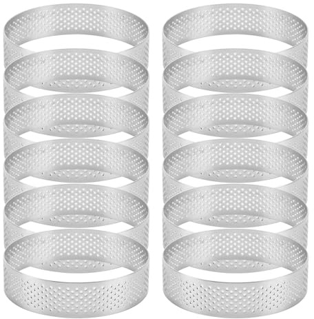 Happysnow Lot de 12 anneaux à gâteau en acier inoxydable perforés, anneau pour mousse à gâteau, moule à gâteau rond, ustensiles de cuisson pour gâteaux ronds 6 cm