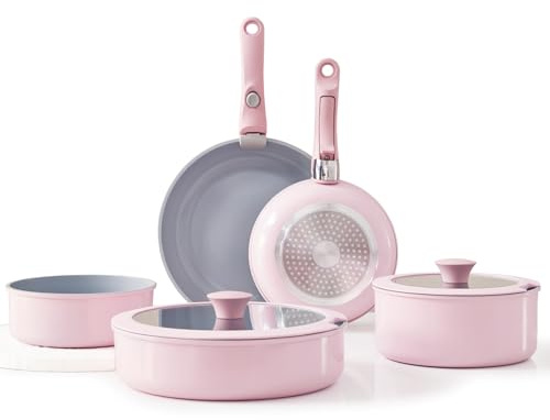 Florosa Keramik Topfset Pfannenset, 9-teilig Ungiftiges Töpfe & Pfannen, Antihaftbeschichtet Camping Pfanne mit Deckel & abnehmbaren Griffen, Induktion und backofengeeignet, Stapelbar, Rosa