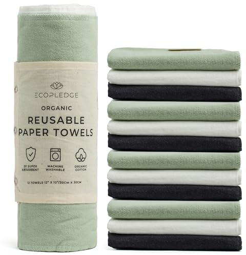 EcoPledge Wiederverwendbare Papierhandtücher, waschbare Rolle, Dicke, zweilagige, Ultra-saugfähige, papierlose, zertifizierte Bio-Baumwolle, großes Küchen-Papiertuch mit Aufhängeschlaufe, 12 Stück