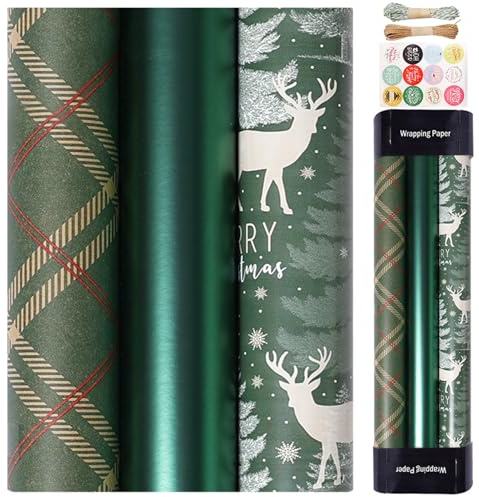 3 st julomslagspapper rullar 43 x 300 cm kraftpapper jul omslagspapper med randiga rutiga mönster skärbart gör-det-själv julpapper för presentförpackning, julomslagspapper