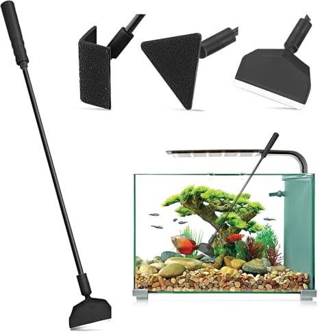 HUSOUE Fish Tank Cleaner Kit 3 in 1, Aquarium Cleaning Kit Fish Tank Glass Cleaner Triangle Sponge Brush Algae Scraper Right Angle Brush for Fish Tank Maintenance (Black)