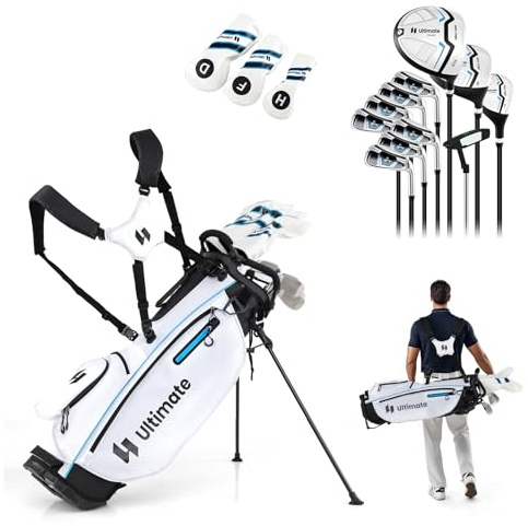 COSTWAY Set Completo di Mazze da Golf con Sacca a Treppiede, Include con Driver 1 da 460CC, Legno 3, Ibrido, Ferri 5, 6, 7, 8, 9, P, S, Putter e Copertura Antipioggia per Destrimani (Bianco)