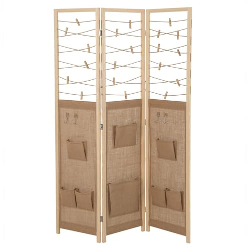 LIFEZEAL Separè a 3 Pannelli, Divisorio Interno, Paravento Pieghevole, Montato, in Legno Massello e Tessuto, con 8 Tasche, 4 Ganci, 20 Mollette, Parete Divisoria, Separatore di Spazio, Decorativo