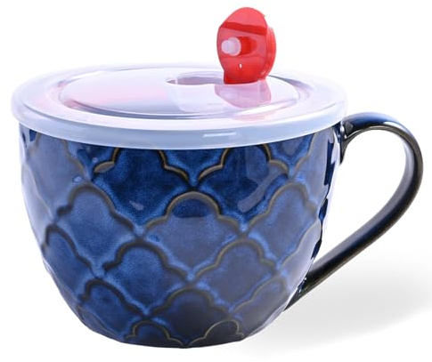 Ceramic Soup Mugs with Handles, 24 oz Microwave Safe Soup Mug/Cup with Lid, Large Soup Mug for Coffee, Cereal, Oatmeal, Salad, Ramen, Noodle, Soup, Housewarming Wedding Gift, Reactive Glaze Blue