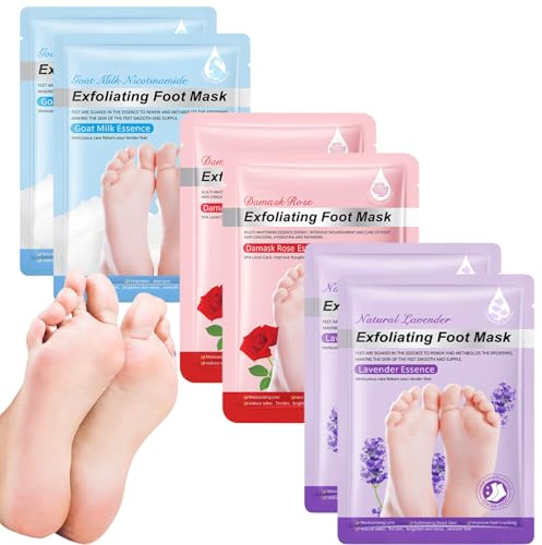 6 PCS Exfoliating Foot Mask: Lavender, Rose & Goat Milk, Foot Peel Mask for Hard Skin, Moisturising Socks, Dead Skin Remover for Feet, Repair Cracked Heel, Callus Remover, Soften & Smooth Foot Skin