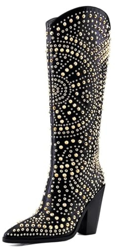 JilTrdWei Luxurious Studded Women's Knee High Boots, Pointed Toe & Chunky Heel with Metallic Rivets and Rhinestones, Non-Slip Sole, Unique Design Rivets Boot for Party Concert Casual Fall-Black-11