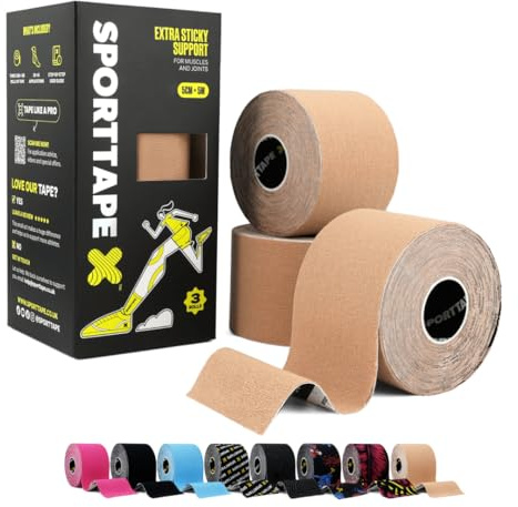 SPORTTAPE 3 Rollos Cinta Kinesiológica Beige 5cm x 5m – Vendaje Muscular y Deportivo para Rodilla, Tobillo, Lesiones y Rehabilitación – Adhesiva, Impermeable e Hipoalergénica