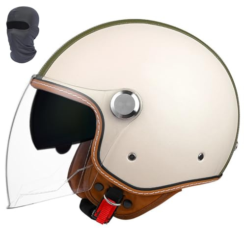 3/4 Jethelm Beige Damen, Retro Leder Motorrad Jethelm DOT/ECE geprüft, mit Doppelvisier, Leichter Halbschalenhelm for Roller Moped Motorrad(Beige A,M(54~57cm))