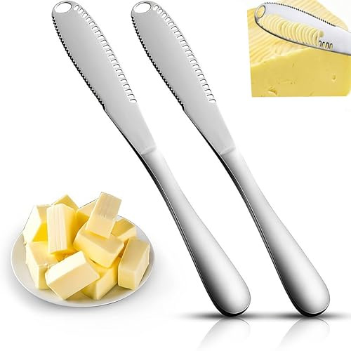Jidyllic Cuchillo para Mantequilla 2 Piezas Acero Inoxidable 3 en 1 Multifuncional con Agujeros y Borde Dentado Cuchillos de Mantequilla Esparcidor Para Untar Cortar Queso Pan Tostadas