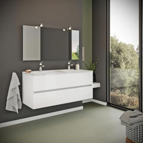 Kiamami Valentina Meuble de Salle de Bain 120cm Blanc Brillant, tiroirs et Double Vasque | Benaco