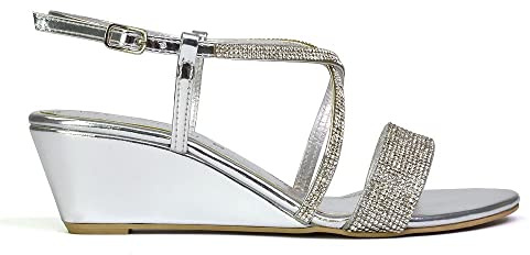 Womens Low Heel Wedge Sandals Ladies Diamante Straps Silver Shoes Size 7