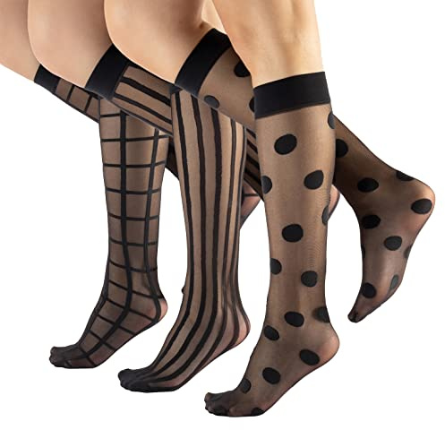 CALZITALY 3 PARES Calcetines de mujer, Mini medias semi transparentes, Fantasía Lunares, Rayas Verticales, Cuadros, Talla Unica, Made in Italy (Medias hasta la rodilla-Negro, Talla Unica)