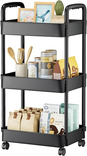 EZ COZY 3 Tier Rolling Cart, Plastic Diaper Cart Organizer with Wheels, Roller Cart for Diapers, Baby Nursery, Kitchen, Bathroom, Living Room and Bedside, Black