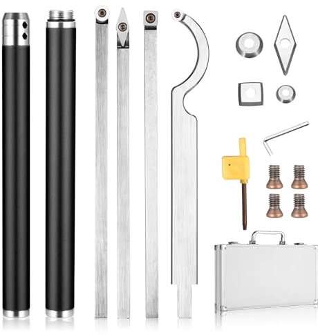 ENERHUB Outils de Tournage sur Bois, Ensemble de 4 Ciseaux à Bois, Fraises en Forme de Diamant en Carbure/Rond/Carré avec Tours à Poignée, Boîte de Rangement en Aluminium, pour la gravure (Noir)