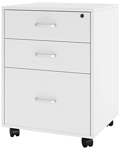 SogesPower Rollcontainer mit 3 Schubladen, abschließbarer Aktenschrank mit Rollen, Büroschrank für A4 Hängeregister, Schubladenschrank für Büro und Home Office, Weiß