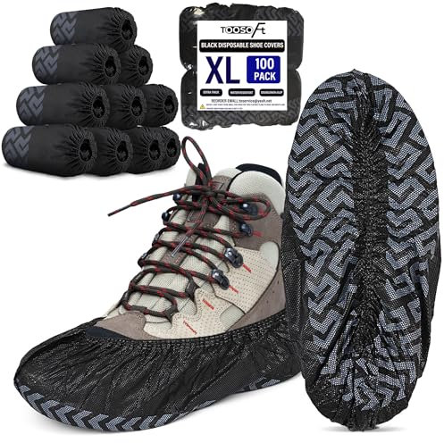 TOOSOFt Schwarz Vliesstoff Schuhüberzieher Einweg 100x Mehrweg Überzieher Shuhe - Überschuhe Rutschfest mit Laufstreifenmuster - Schuh Überzieher extra Reißfest und Wasserdicht für In- und Outdoor