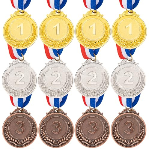 Leikedun 12PCS Metal Medals, Gold Silver Bronze Award Medals with Ribbon, 1st 2nd 3rd Number Medal Gold Medals for Adults Kids Children, Football Match, Sports Day