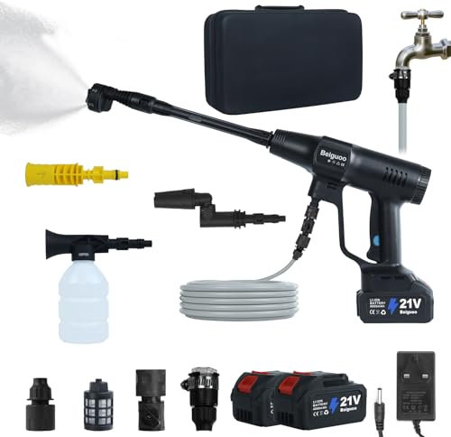 200 Bar 2900 PSI Cordless Pressure Washer, Cordless Power Washer, 3 Adjustable Levels Battery Jet Powered Pressure Washer (2 * 4Ah Batteries, 5m Hose, Tap Connector and 4 Nozzles Included) Black