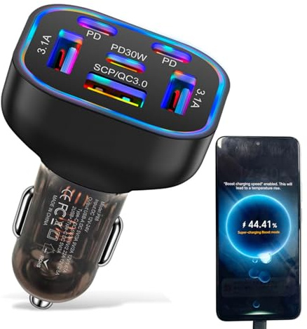 6 in 1 Multi Port USB C Car Charger Adapter PD 30W 6 Ports Super Fast Charging Cigarette Lighter Adapter 2 USB-C for MacBook iPhone 16/15/14/13/12 Galaxy Android Phones