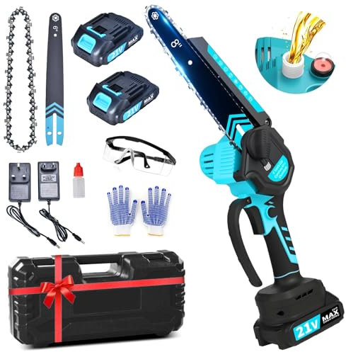 Mini Tronçonneuse à Batterie 4000mAh,8 Pouces et 6 Pouces Tronçonneuse Électrique sans Fil pour Branches et Jardin,2 Chaînes et 2 Batteries 2000mAh,Lubrifiant Automatique Pour La Coupe Du Bois