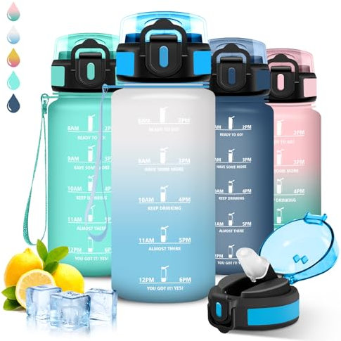 Gourde, 500ml Gourde Enfant, Paille, Anti Fuite, Graduée pour 1 Journee, Facile à Nettoyer, Running, avec Slogan de Motivation, Reutilisable pour École, Bureau, Camping