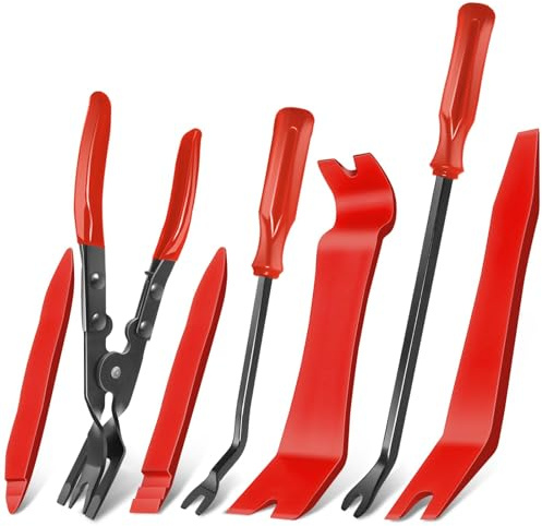 KEZE Coffret de 7 outils pour démonter l'intérieur en plastique, outils de levier et pinces pour démonter l'intérieur de la voiture, rouge