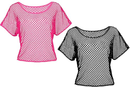 TYXHXTF 2 Pièces Haut en Résille Fluo, T-Shirt Resille Néon, Deguisement Annee 80 Femme Accessoire, pour Disco Carnaval Fête, Taille Unique