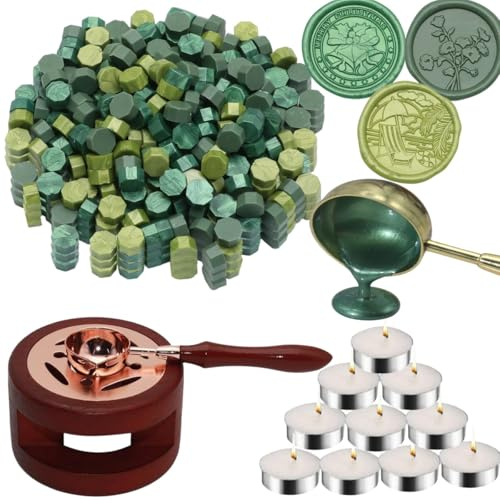 Kit de perles de cire à cacheter – Assortiment de 300 perles de cire à cacheter avec chauffe-bois, cuillère et 10 mini bougies pour sceaux, invitations de mariage, enveloppes, cartes, décorations