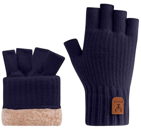 Gants sans doigts pour femmes et hommes, gants d'hiver thermiques à demi-doigts avec doublure en polaire, gants tricotés doux et chauds pour dames, travail en extérieur, bleu marine, taille unique