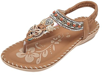 Nuoke sandalias,sandalias mujer verano planas, planas con cuentas para, de con tiras elásticas en T Zapatos Blancos (Khaki, 36)