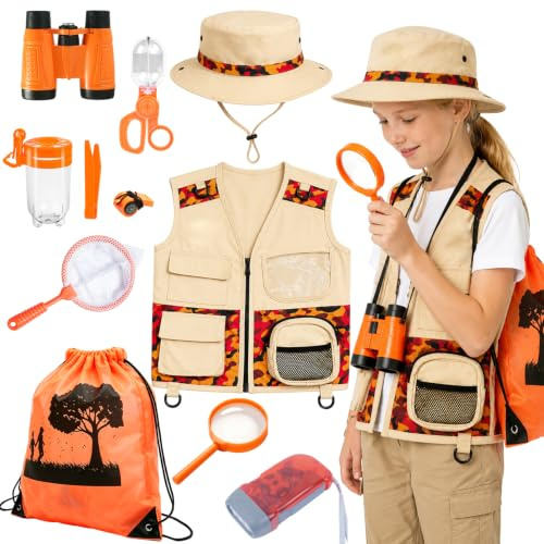 Explorer Costume Kids 11 Pcs Kids Bug Explorer Kit Safari Costume kid 3-9Y | Safari Vest Bag Hat Telescope Flashlight Bug Catcher Kit Explorer Fancy Dress for Outdoor Camping Adventure Nature Learning