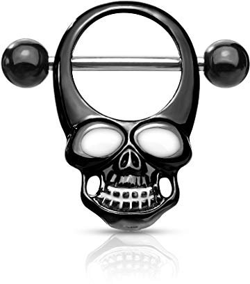 beyoutifulthings Nippelpiercing Totenkopf Enamel-Augen Weiß Brustwarzenpiercing Intimpiercing Chirurgenstahl Schwarz Stab 1,6/16mm