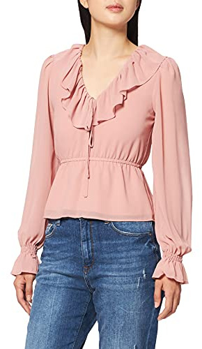 NA-KD Blusa de Gasa con Cuello en V y Volantes, Rosa, 34 para Mujer