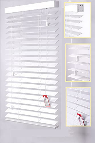 Faux Wood Venetian Blinds 50MM Slats TRIMMABLE Easy Fit Office Home (45cm Width x 150cm Drop, String, White)