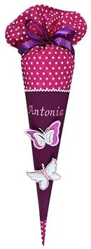 Glückspilz Schultüte mit Namen personalisiert, Schmetterling, Glitzer Zuckertüte aus Stoff genäht, mit Kissen + Rohling, lila