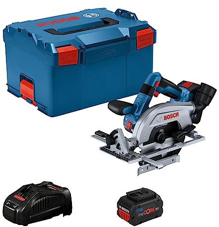 Bosch Professional 18V System sierra circular a batería GKS 18V 57-2 L (disco de sierra izquierda, motor sin escobillas, incl. 1 disco de sierra, 2 baterías ProCORE 5.5Ah, cargador, L-BOXX)