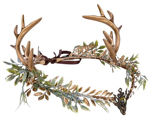 MOSTORY Woodland Gold Antler Crown - Forest Elf Headpiece Fairy Floral Circlet for Women Renaissance Fair Halloween Renfaire Cosplay Photo Shoot