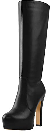 MissHeel Botas de plataforma Botas largas Tacón bloque Punta redonda Tacones altos, Negro , 37 EU