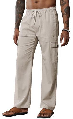 Breampot Herren Leinenhose Lang Leicht Sommerhose Baumwolle Cargo Loose Freizeithose mit Kordelzug (Khaki, Medium)
