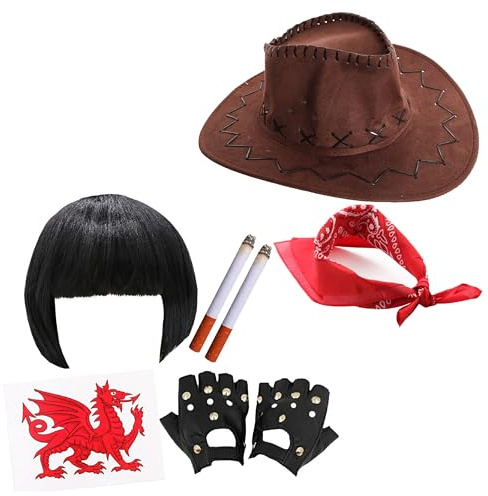 Barn Dance Couples Costume - Black Bob Wig, Welsh Dragon Tattoo, Studded Gloves, Fake Cigarettes, Brown Cowboy Hat, Red Paisley Bandana - Adults TV Characters Fancy Dress Accessory Set