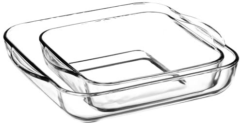 Tradineur - Set de 2 bandejas cuadradas para Horno, Vidrio borosilicato, Molde, Fuente Transparente, lasaña, aptas para microondas, Asar, Hornear - 28 y 22 cm