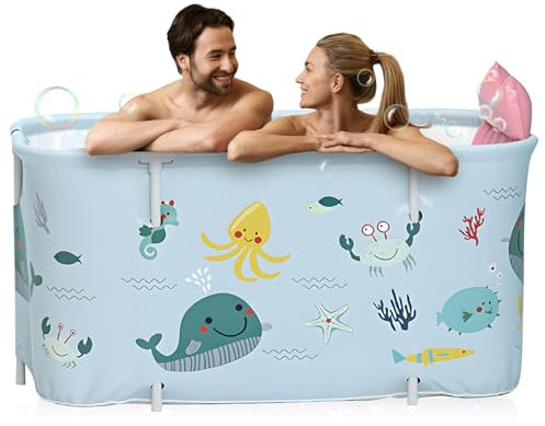 Warmiehomy Baignoire pliable pour adulte - 140 x 50 x 55 cm - Portable - Avec coussin et dossier - Baignoire spa pour douche - Baignoire pliante autoportante pour adultes et enfants - Style océan