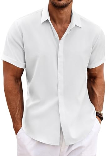 COOFANDY Camisa de Lino para Hombre Manga Corta Camisas Informales Camisa de Lino para Verano y Playa Blanco A L