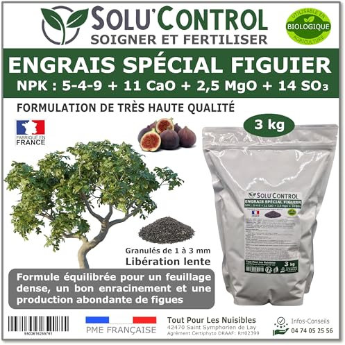 Engrais Spécial Figuier 3 kg - SoluControl - NPK 5-4-9 - Croissance et Fructification - Riche en Calcium et Magnésium - Sachet Zip Refermable - Utilisable en Agriculture Biologique