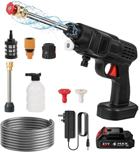 21V 20bar Cordless Pressure Washer, 6000mah Portable High Pressure Water Gun, with 5m Hose, 6-In-1 Multi-Spray Nozzle, High Pressure Washer for Car Floor Patio Garden (1 battery 1 charger)
