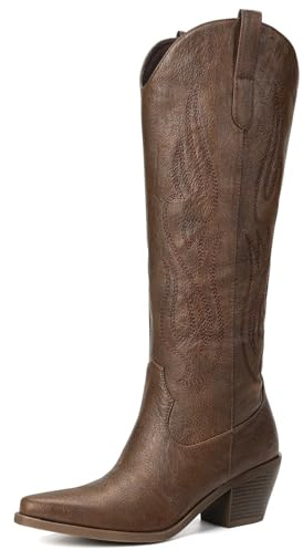 Pasuot Western Cowboy Boots for Women - Knee High Wide Calf Cowgirl Boots, Slip On Pointed Toe Chunky Heel Fashion Retro Classic Pull On Tall Boot for ladies Party concert Bronze US 8.5