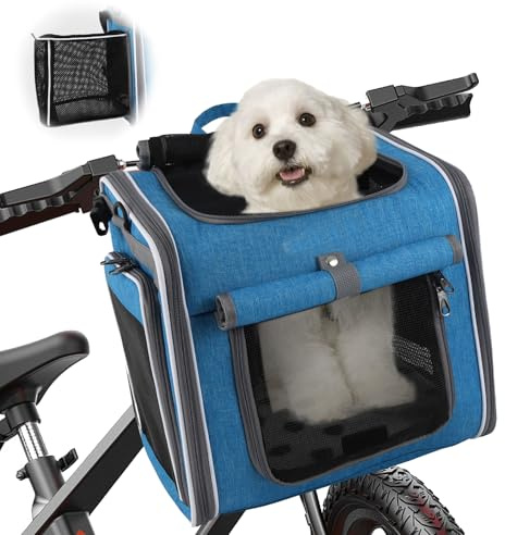 Hundekorb Fahrrad Vorne Faltbar & Erweiterbar, 4-in-1 Hundefahrradkorb mit 4 Öffnungen, Netzfenstern & Regenschutz, Fahrradkorb für Kleine & Mittelgroße Katzen und Hunde bis 10kg (Blau)
