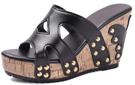 Hixingo Sandales Femmes Été Confortable Orthopédique Bout Ouvert, Sandales Compensées Femme Plateforme Talon Haut 10CM Respirantes Léger pour Ete Plage Vacances (37,D02 Noir)